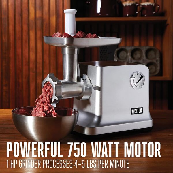 Electric Meat Grinder & Sausage Stuffer, #12 750 Watt, 1 HP Motor, Grinds 4 lbs Per Minute, Includes Stainless Steel Grinding Plates, Die-Cast Aluminum (33-1301-W)