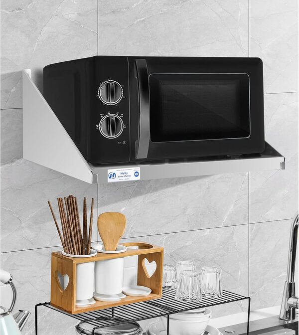Hally Étagère murale flottante en acier inoxydable pour micro-ondes 61 x 61 cm, 90,7 kg, NSF Commercial Heavy Duty Metal Appliance Wall Mount pour restaurant, cuisine, bar, maison et hôtel