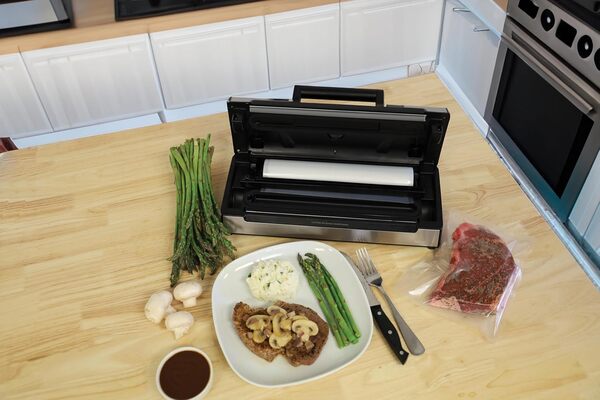 Nesco FreshLock Pro VS-15 Machine à emballer sous vide en acier inoxydable, joint humide et sec, stockage de rouleaux, 120 W, avec sacs et rouleaux, simple et facile à utiliser