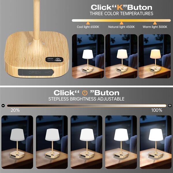Lightbiz Lampe de table d'extérieur – Batterie rechargeable sans fil 8000 mAh, étanche IP55, 3 couleurs et 5 luminosités, écran LED à intensité variable pour camping, chambre, terrasse (bois)