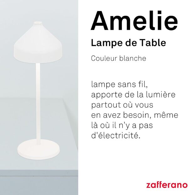 Zafferano, Lampe Amelie, Lampe de Table Rechargeable Sans Fil avec Contrôle Tactile, Convient pour Salon et Extérieur, Variateur, 2200-3000 K, Hauteur 34 cm, Couleur Blanche