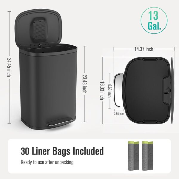 Grande poubelle robuste à pédale avec couvercle ovale à pédale à fermeture amortie, corps épais en acier inoxydable, ajout de carbone, pour cuisine, commercial, maison et bureau, 50 l, noir