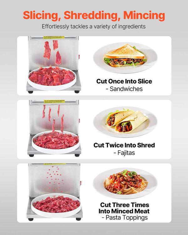 VEVOR Trancheuse à viande commerciale, 850 W, machine à découper la viande, 250 kg/h, acier inoxydable, épaisseur 5 mm, lames détachables, trancheuse électrique, pour cuisine, restaurant, supermarché