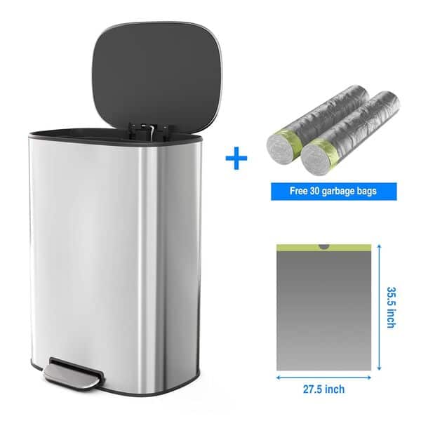 Grande poubelle à pédale en acier inoxydable de 50 litres avec couvercle silencieux à fermeture douce, corps épais en acier inoxydable avec 30 sacs poubelle pour cuisine, commerce, maison, bureau –