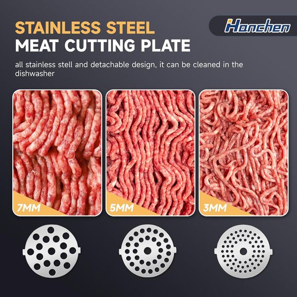 Hanchen Hachoir a Viande Electrique, Hachoir à Viande électrique 4 en 1 avec Tube à Saucisse, 3 Disques de Broyage en Acier Inoxydable (3, 5, 7 mm), Accessoires pour Biscuits, Accessoire Kubbe
