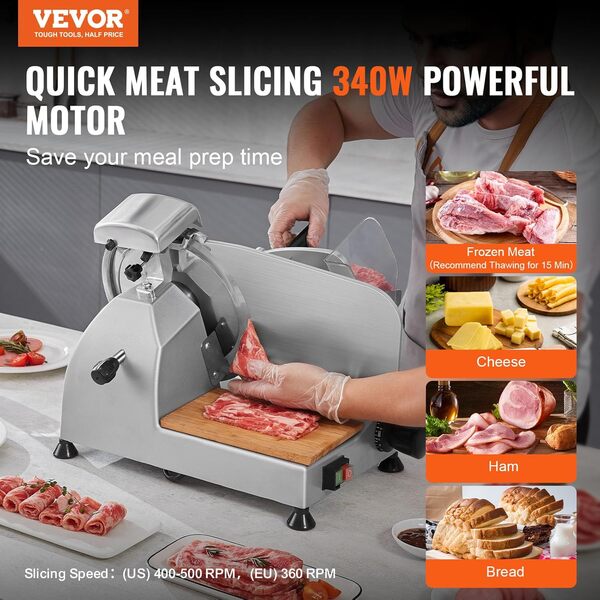 VEVOR Trancheuse Électrique Commerciale 340 W Trancheuse à Jambon Lame 250 mm 360 tr/min Trancheuse Charcuterie avec Lame en Acier Inoxydable pour Couper en Tranches Viande Fromage Légumes Fruits